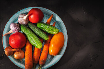 Summer vegetables on a turquoise plate on a dark gray background: tomatoes, cucumbers, carrots, garlic, onions. Copy space.
