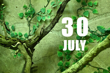 Calendar date on light green background with snake crawling on tree branch. July 30 is the thirtieth day of the month