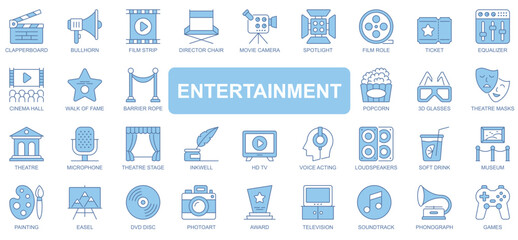 Fototapeta premium Entertainment icons set in duotone outline stroke design for web. Pack pictograms of clapperboard, bullhorn, film strip, director chair, movie camera, painting, photo art, other. Vector illustration.