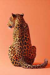 Slightly surprised leopard turned towards the camera, sitting with its back to the viewer, head turned towards the camera, against a peach-colored background