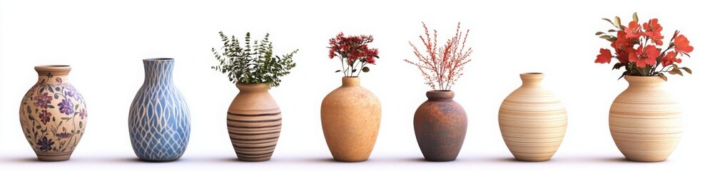 A set of vases with different designs and patterns, arranged in a row on a white background. The left vase is decorated with blue stripes and floral motifs
