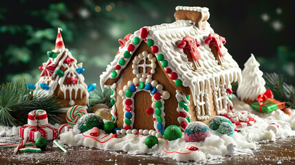 Decorated gingerbread house with festive candy and snowy setting