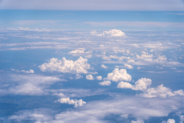Blue Sky with White Clouds, Flying above Sunny Cloudy Sky Texture Pattern, Fluffy Clouds Plane View