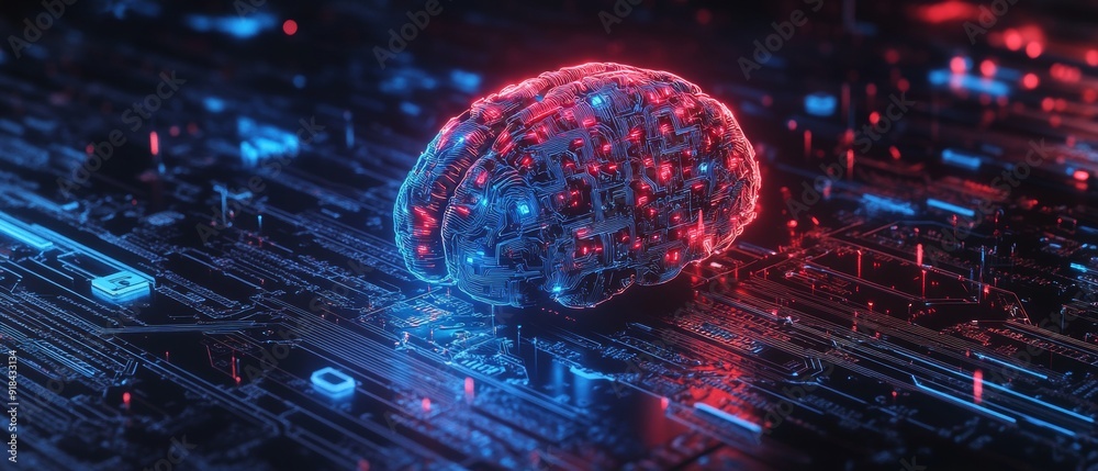 Poster Neural Fusion. Futuristic Brain Connected to Circuit Board