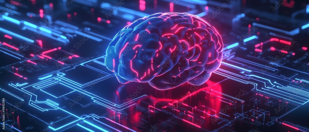 Poster Neural Fusion. Futuristic Brain Connected to Circuit Board