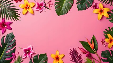 Obraz premium Flat lay of tropical flowers and leaves arranged on a pink background, creating a vibrant and exotic composition. The colorful scene highlights the beauty and diversity of nature. Empty space place fo