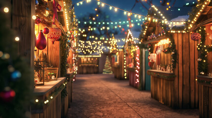 Festive Christmas market with decorated wooden stalls 