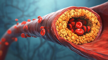 3D medical illustration showing an artery with severe cholesterol plaque buildup, surrounded by red blood cells, highlighting the dangers of cardiovascular disease
