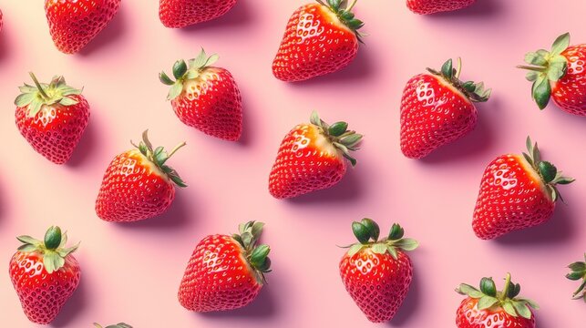 Fresh red strawberries scattered in a pattern against a pastel backdrop, vibrant colors pop against the soft hues.
