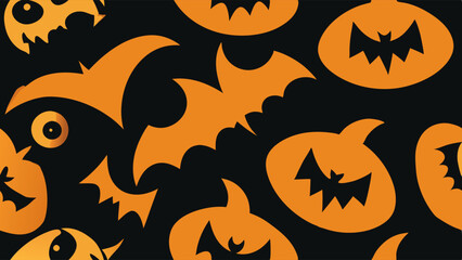 Naklejka premium Vibrant Halloween pattern with various scary pumpkin faces on a black background.
