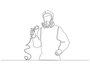 Continuous one line drawing of handyman using paint sprayer. One line drawing illustration of airbrush gun. Construction project, Home renovation concept vector design. Editable outline
