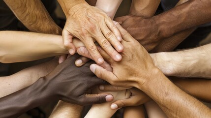 Fototapeta premium A diverse group of hands symbolizes unity, collaboration, and teamwork, creating a powerful visual representation of togetherness.