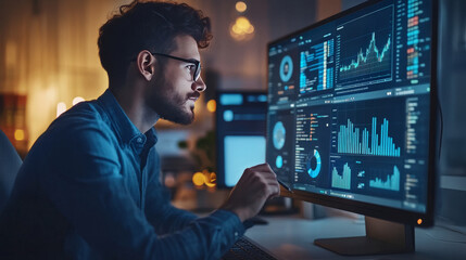 Data analyst working with a data analytics KPI dashboard.