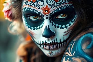 Close-up of a girl with intricate skull face paint, expressing vulnerability and defiance.