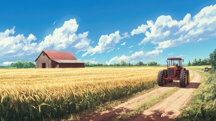 Obraz premium Golden wheat fields in an anime scene, with a long dirt road leading to a country barn and a vintage tractor parked beside it.