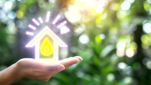 Selective focus on a hand holding a house icon with an energy efficiency scale, symbolizing the commitment to energy conservation