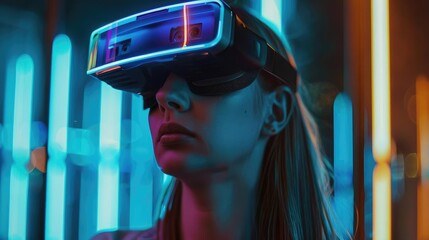 A young woman experiences virtual reality with a high-tech headset in a vibrant, neon-lit environment.