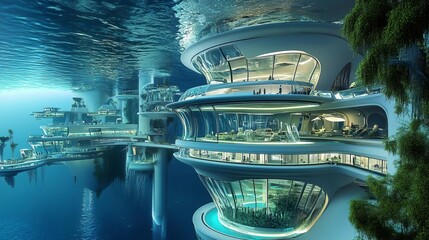 Underwater city prototype, sustainable metropolis, future living spaces