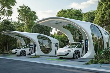 Electric car charging stations, futuristic city designs, green transportation