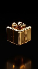 Hyperrealistic isolated 3D rendering of a levitating minimalistic golden gift box black background high detail high quality high texture detail