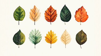 Watercolor illustration of ten autumn leaves in various shades of green, yellow, orange, and brown.