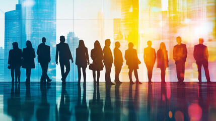 Diversity and inclusion in business employment and leadership. Features silhouettes of people.