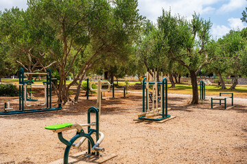 Outdoor gym equipment in a public park in Dubrovnik, Croatia