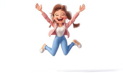 Joyful 3D cartoon girl jumping with arms outstretched.
