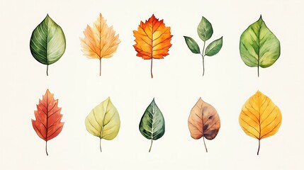 Watercolor illustration of ten autumn leaves in various shades of green, yellow, orange, and red.