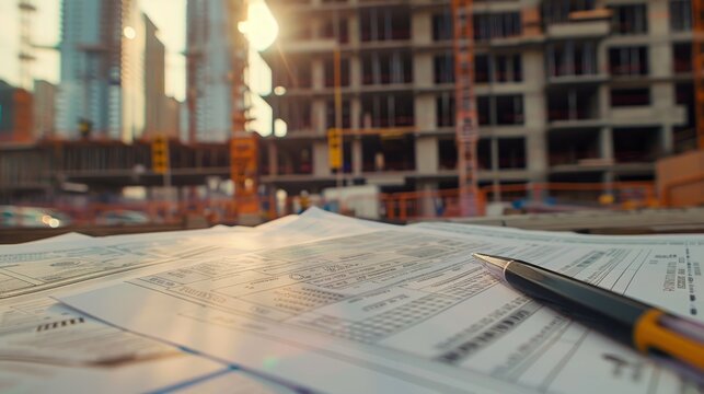 Construction budget management  close up of financial documents against construction site background