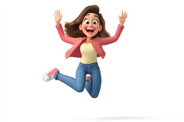 3D cartoon girl jumps with excitement and joy.