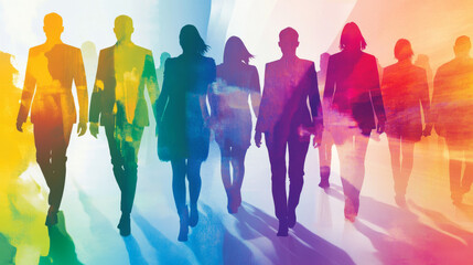 Diversity and inclusion in business employment and leadership. Features silhouettes of people.