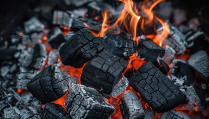 Glowing charcoal embers igniting flames during a summer barbecue in a backyard