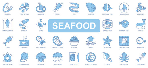 Fototapeta premium Seafood icons set in duotone outline stroke design for web. Pack pictograms of mussel, fish steak, sardine, perch, eel, oyster, shark fins, lobster, shrimp, crab, whale, other. Vector illustration.