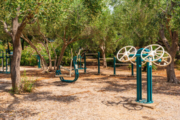 Fototapeta premium Outdoor gym equipment in a public park in Dubrovnik, Croatia