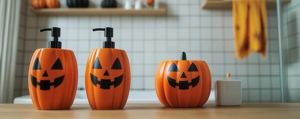 Festive Halloween decor with playful pumpkin-shaped soap dispensers and colorful towels, perfect for autumn celebrations.