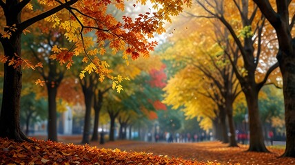 autumn leaves gently falling from trees leaves in various stages of descent warm colors like red, orange, and gold, a dynamic and lively scene background