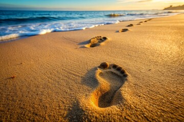 Close-up of a persons footprints in the sand - stock photography concepts
