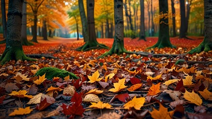 a forest floor covered in a thick layer of colorful autumn leaves rich shades of orange, red, and brown the beauty of fallen leaves in a natural background
