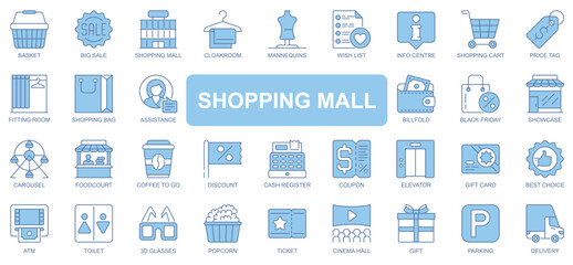 Shopping mall icons set in duotone outline stroke design for web. Pack pictograms of basket, big sale, cloakroom, mannequin, wish list, price, fitting room, black friday, other. Vector illustration.