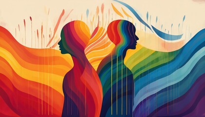 Abstract rainbow profiles of human faces intertwined with flowing colors, symbolizing unity and diversity. Highlights artistic expression and cultural richness. Suitable for creative campaigns,