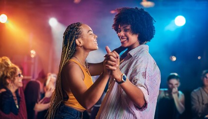 Two women dancing closely at a lively club, sharing a joyful moment. Emphasizes love, happiness, and inclusivity. Suitable for LGBTQ promotions, nightlife events, or relationship-focused marketing.