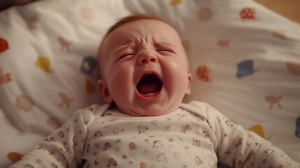 a month old baby lies on  bed, cries