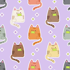 Seamless pattern with a cute cats that is holding a cell phone in its paws on a background of stars. Cats looking at smartphone. Vector illustration in flat style.