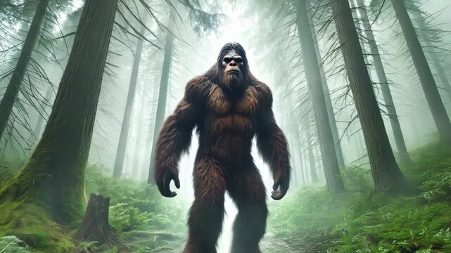 Bigfoot in the forest, hairy monster mysterious sasquatch silhouette in the fog