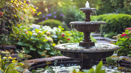 serene fountain in a tranquil yard setting, surrounded by lush greenery and blooming flowers