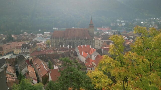 Aerial View of Historic Brasov Cityscape: The Black Church,  Gothic Architecture and Medieval Landmarks in Transylvania, Romania