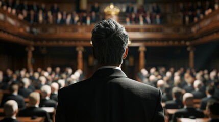 Chancellor speaks to audience in realistic parliament hall setting with diverse parliamentarians