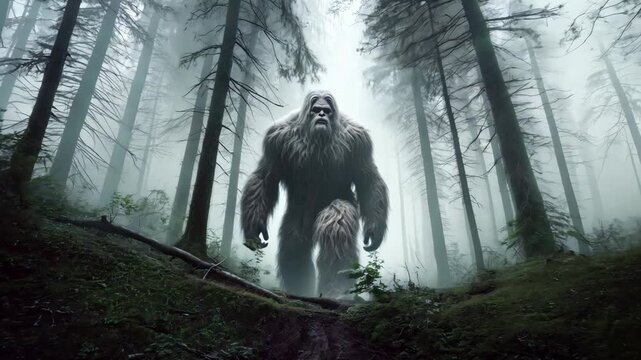 Bigfoot in the forest, hairy monster mysterious sasquatch silhouette in the fog