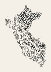 Peru Word Cloud. Country with regions division. Peru typographic text clouds vector image design. Vintage gazette style country shape image. Beautiful vector illustration.